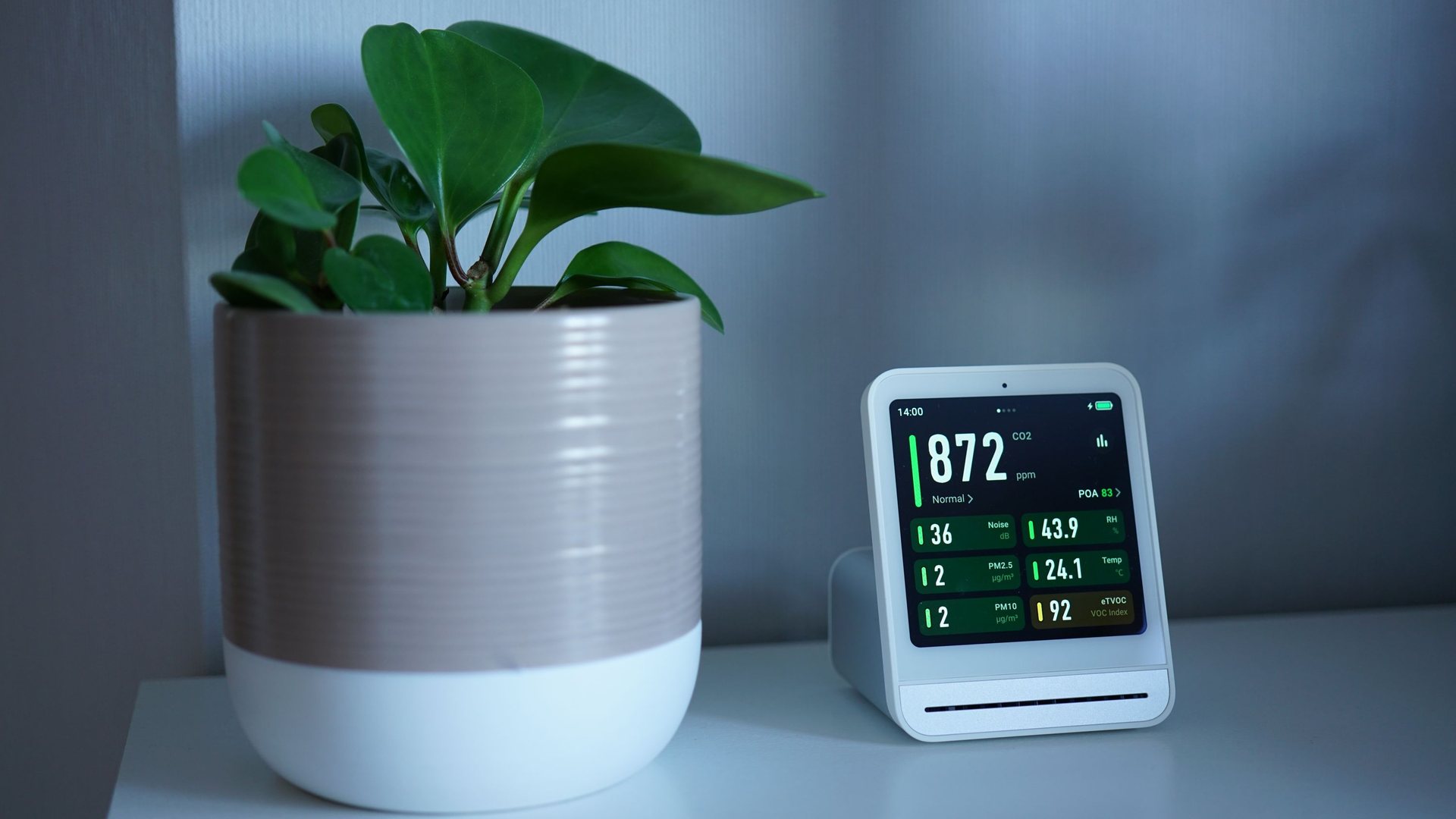 Air quality monitor showing CO2 and PM2.5 readings beside a potted plant