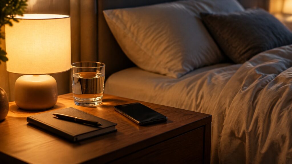 Bedside table with a lamp, glass of water, phone and a notebook with a pen for noting night symptoms