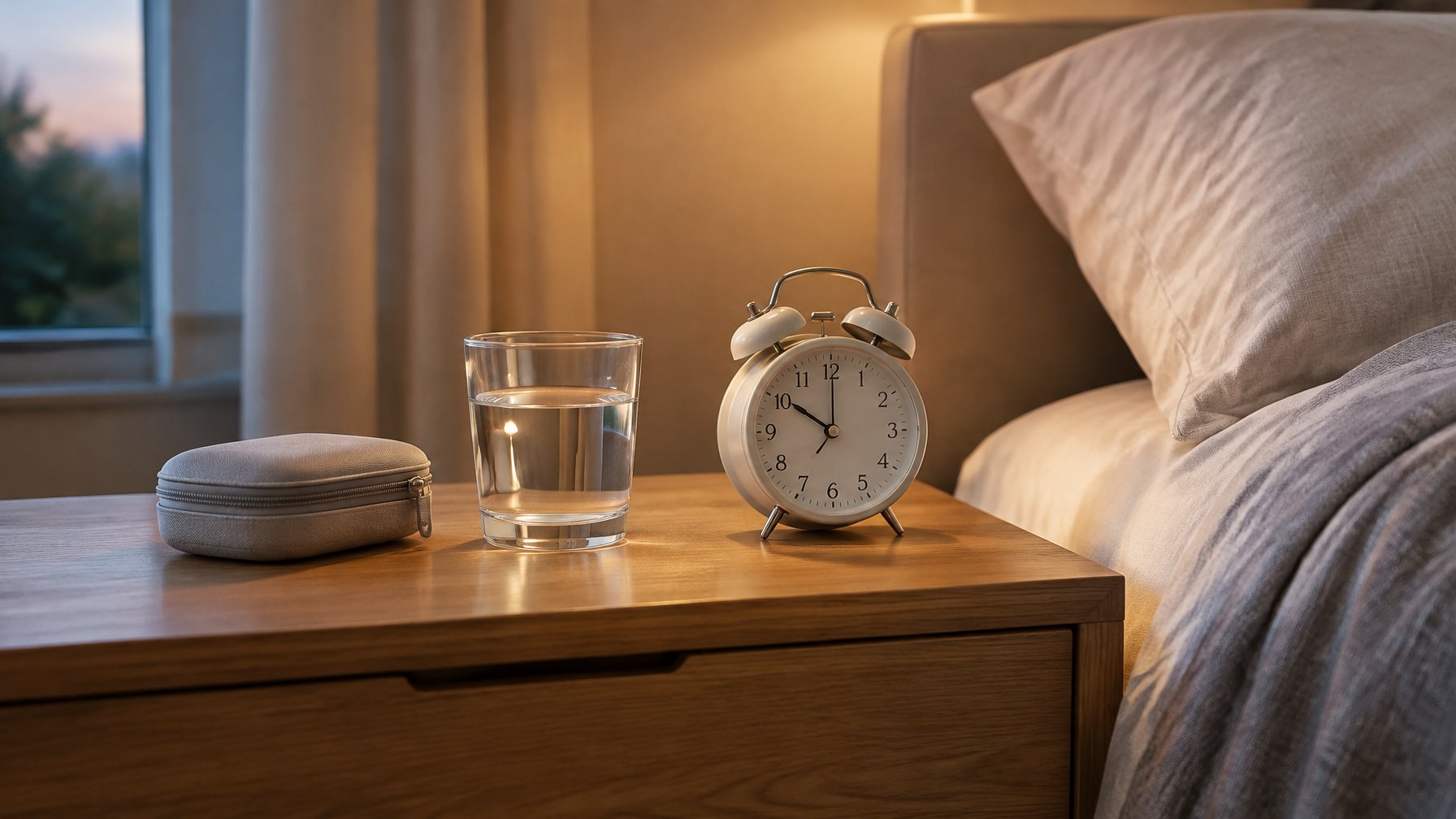 Bedside table with a small case, a glass of water and an alarm clock