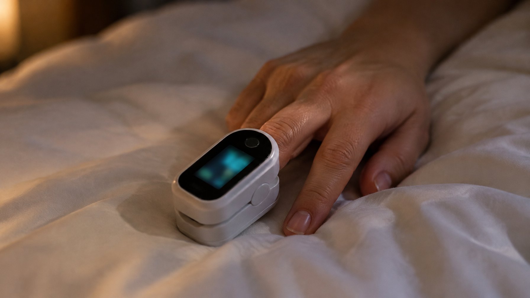 Fingertip pulse oximeter on a finger resting on a white duvet at night