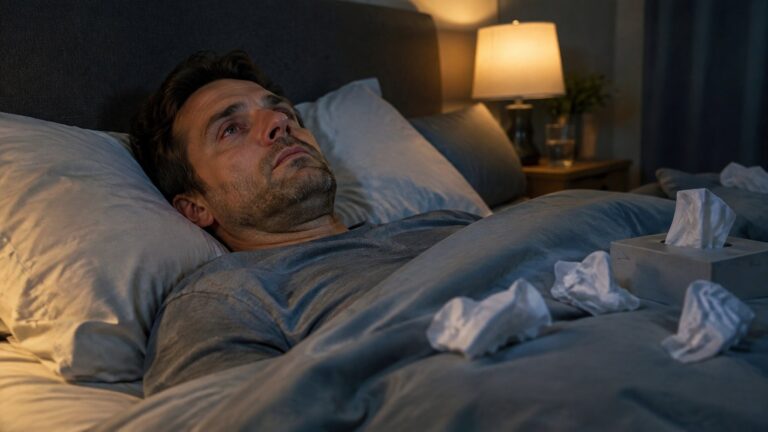 Man lying awake in bed at night with tissues on the duvet