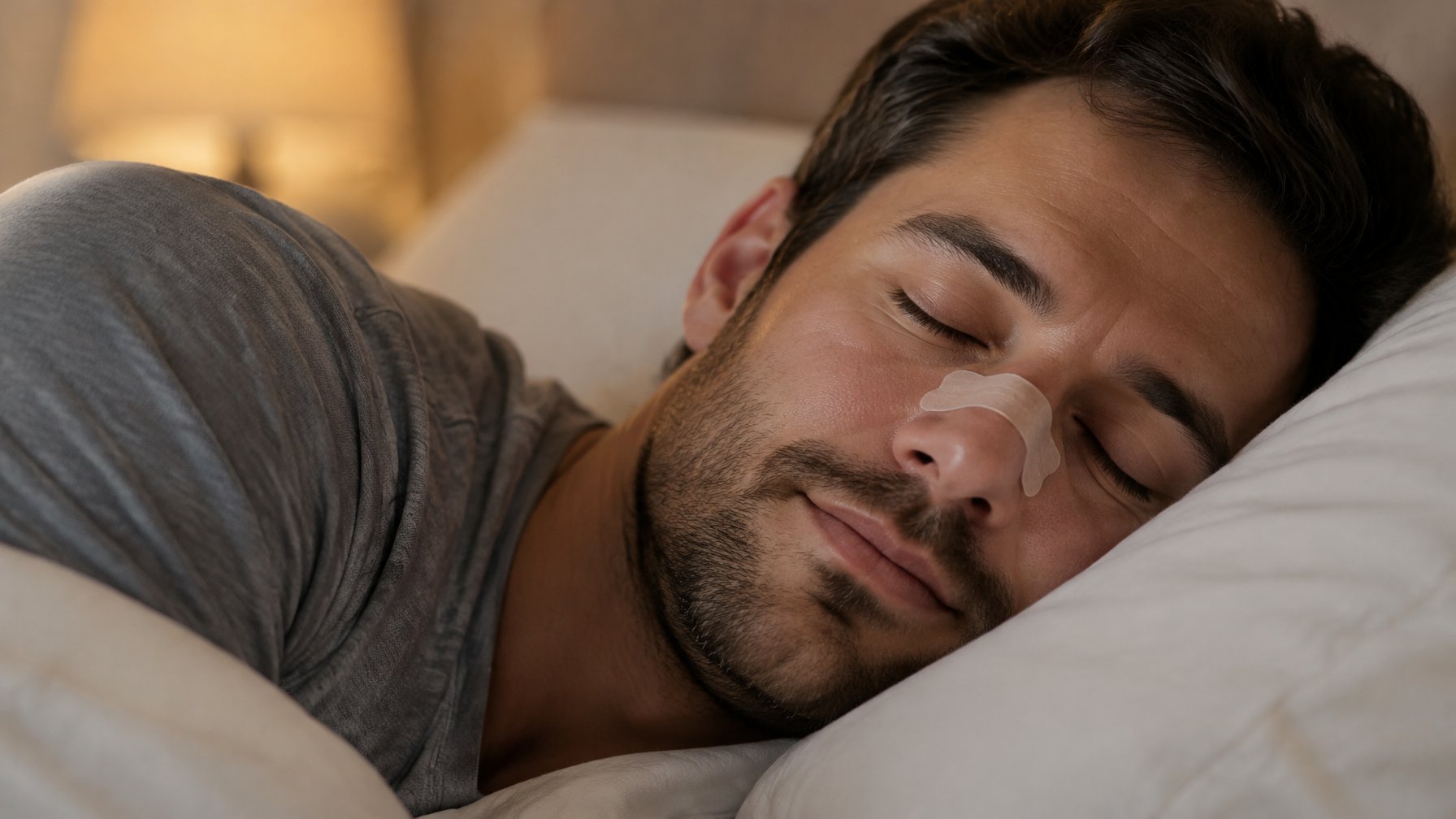 Man sleeping on a pillow with an adhesive nasal strip across his nose
