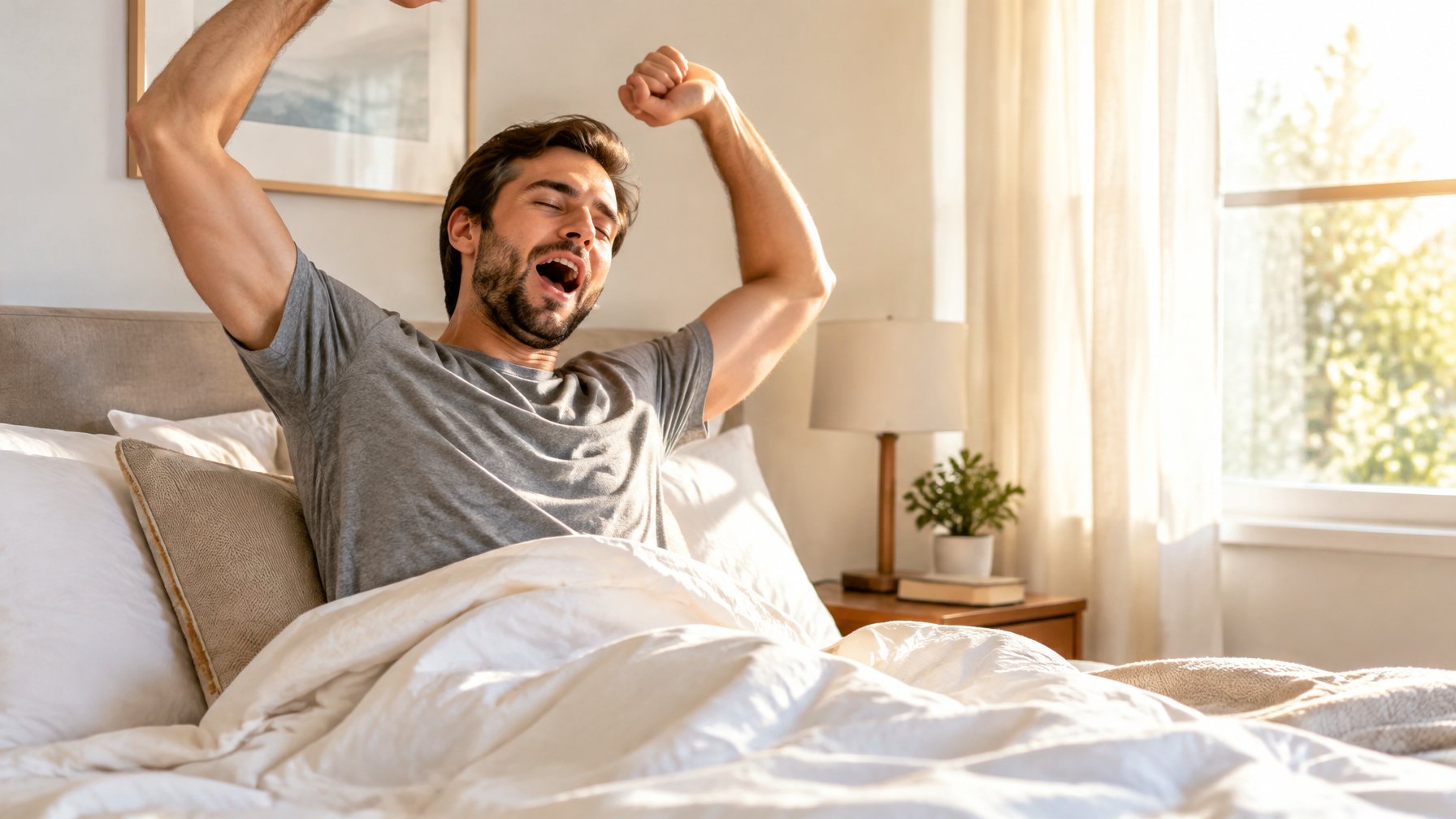 Man stretching and yawning in bed at sunrise