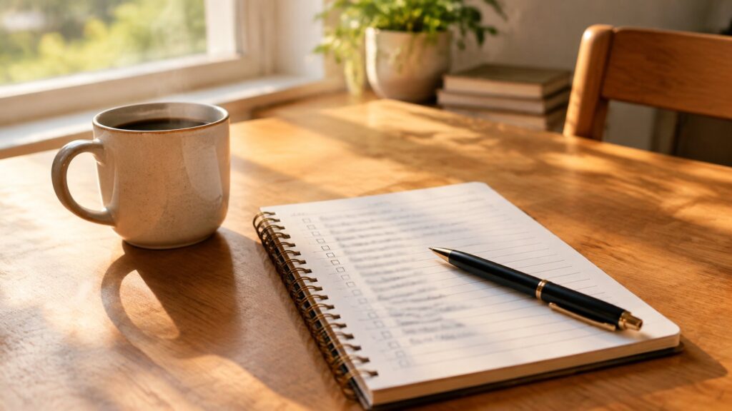 Notebook with a checklist and pen beside a coffee mug on a table