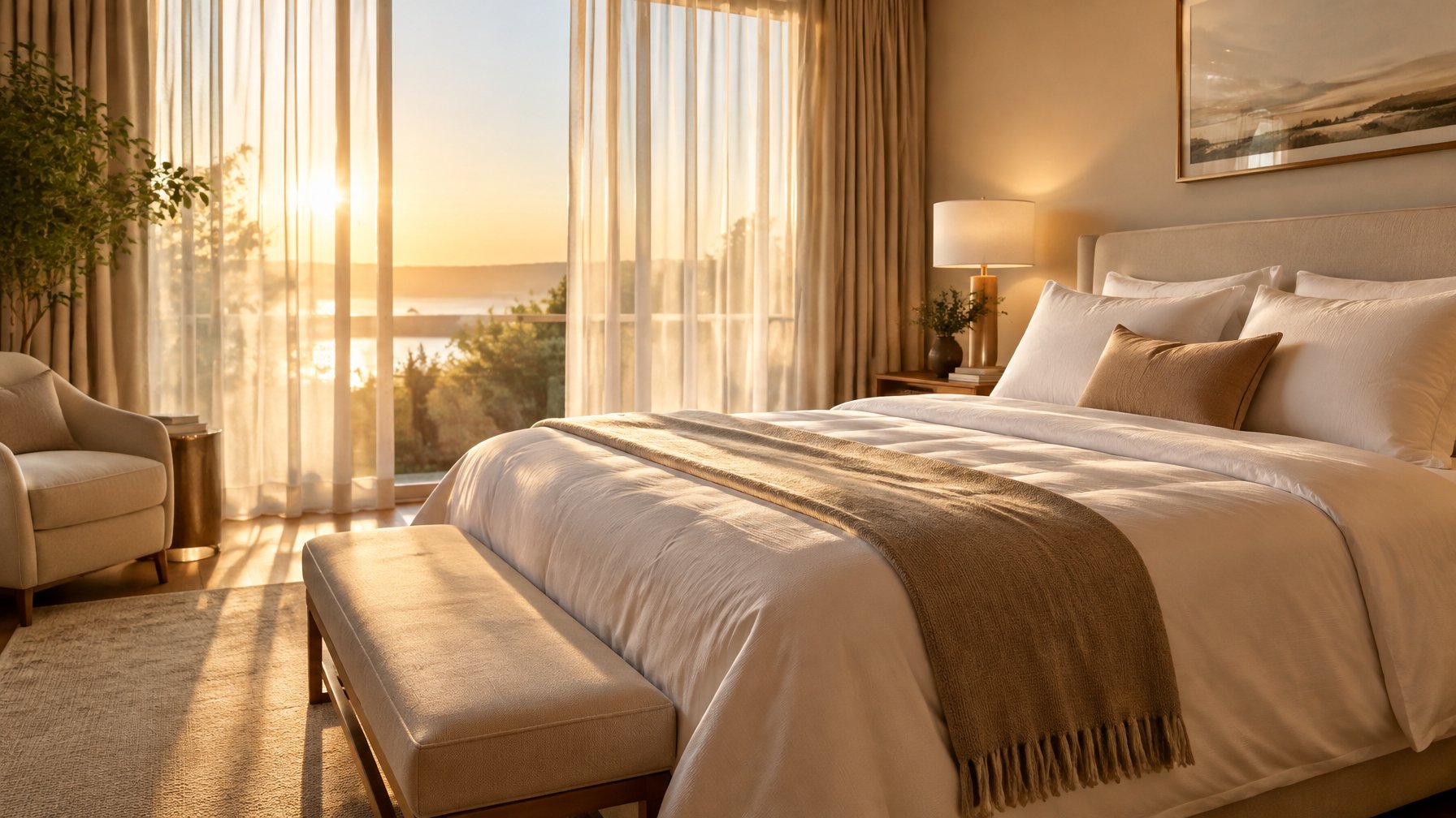 Morning sunlight coming through sheer bedroom curtains