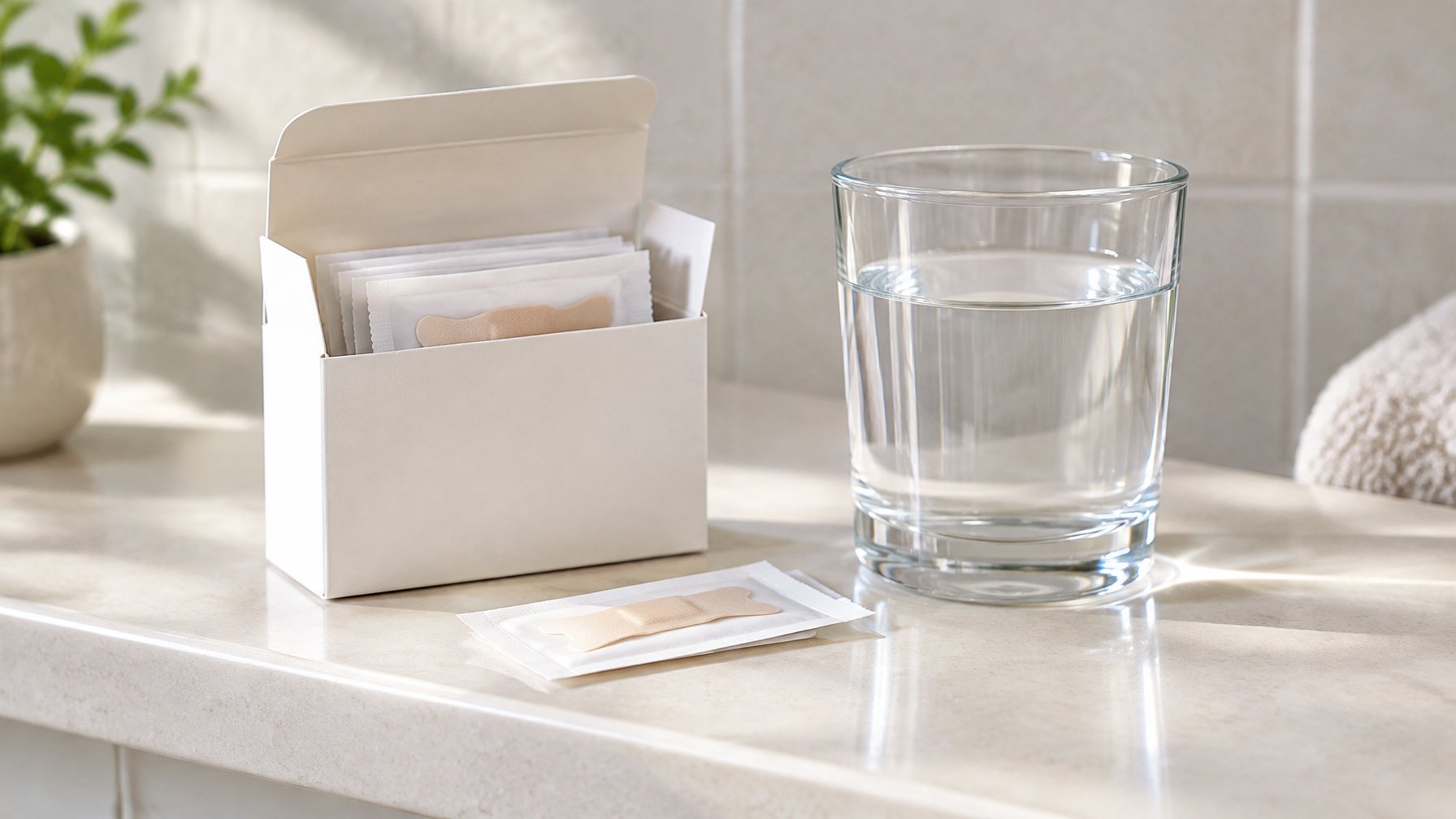 Box of adhesive nasal strips and a glass of water on a bathroom shelf
