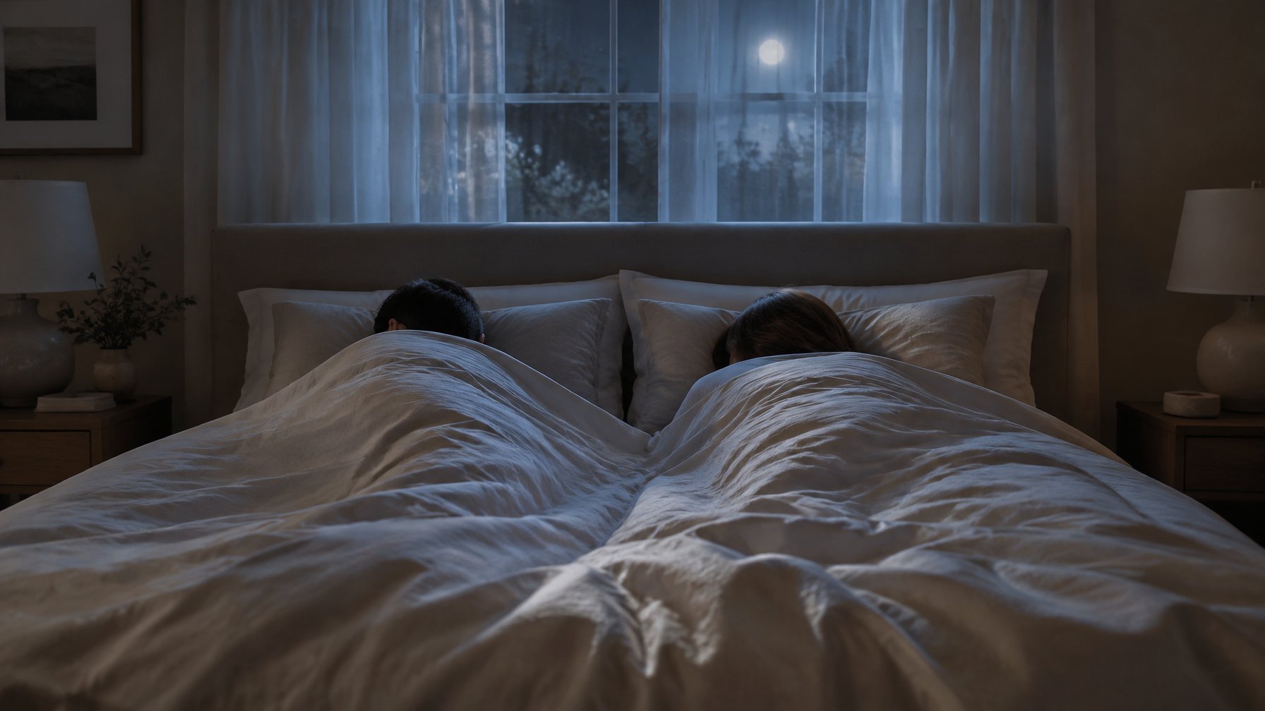 Two people asleep under a duvet in a moonlit bedroom