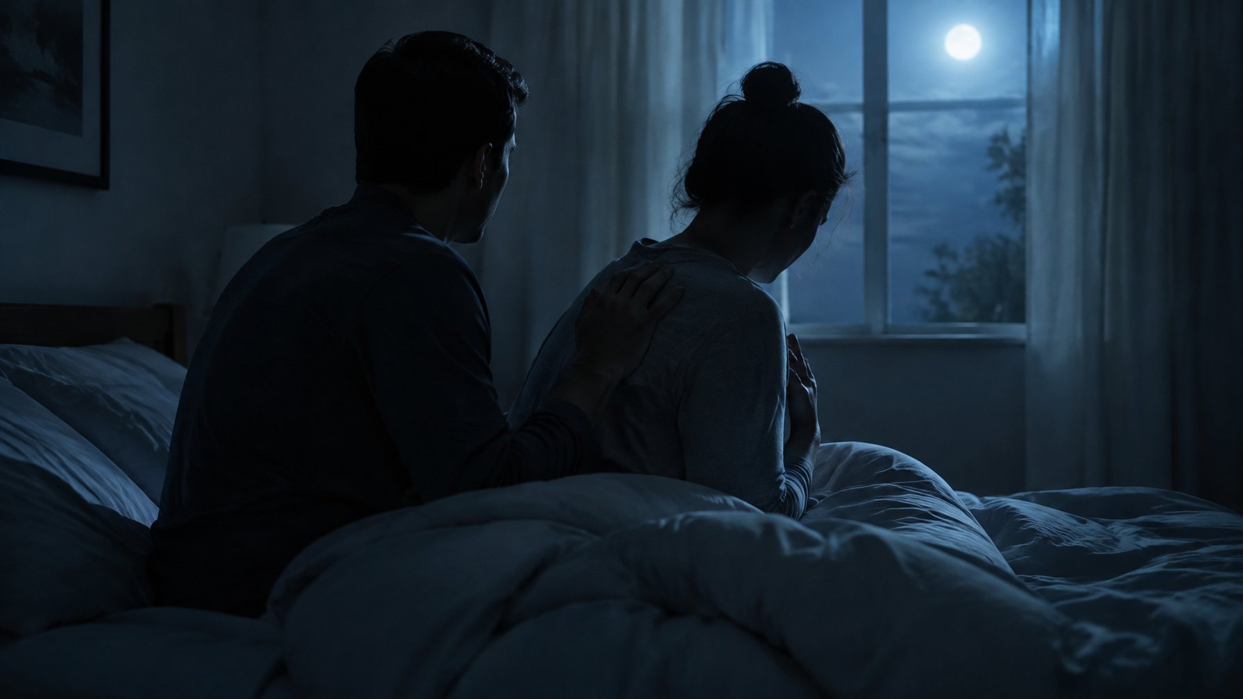 Couple in a dark bedroom, one sitting up in bed with a hand on the chest while the partner comforts them