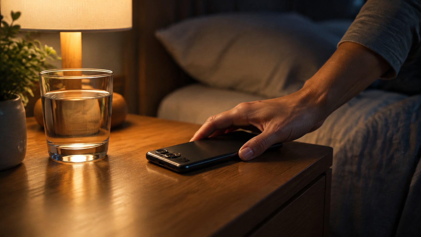 Hand placing a phone on a nightstand beside a glass of water and a lamp