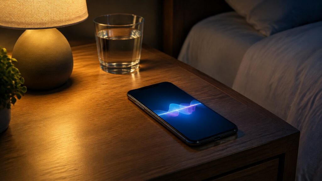 Smartphone on a nightstand showing a sound wave beside a lamp