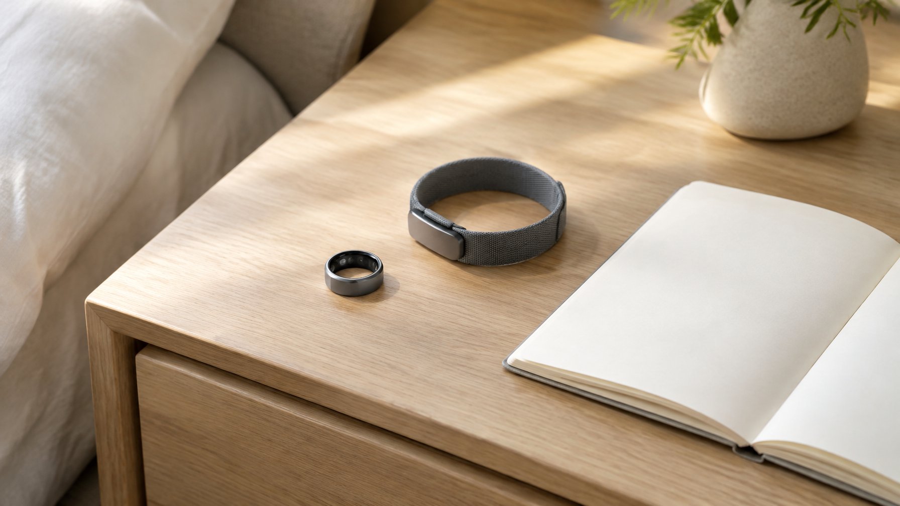 Smart ring and fabric band tracker on a wooden nightstand beside a notebook