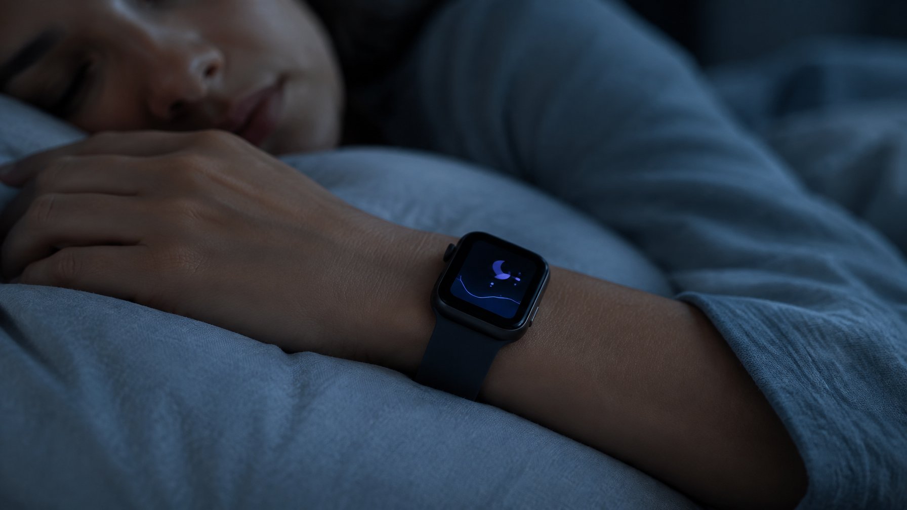 Smartwatch on a wrist resting on a pillow at night