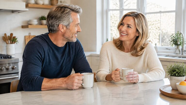 Couple talking calmly over coffee at a kitchen counter