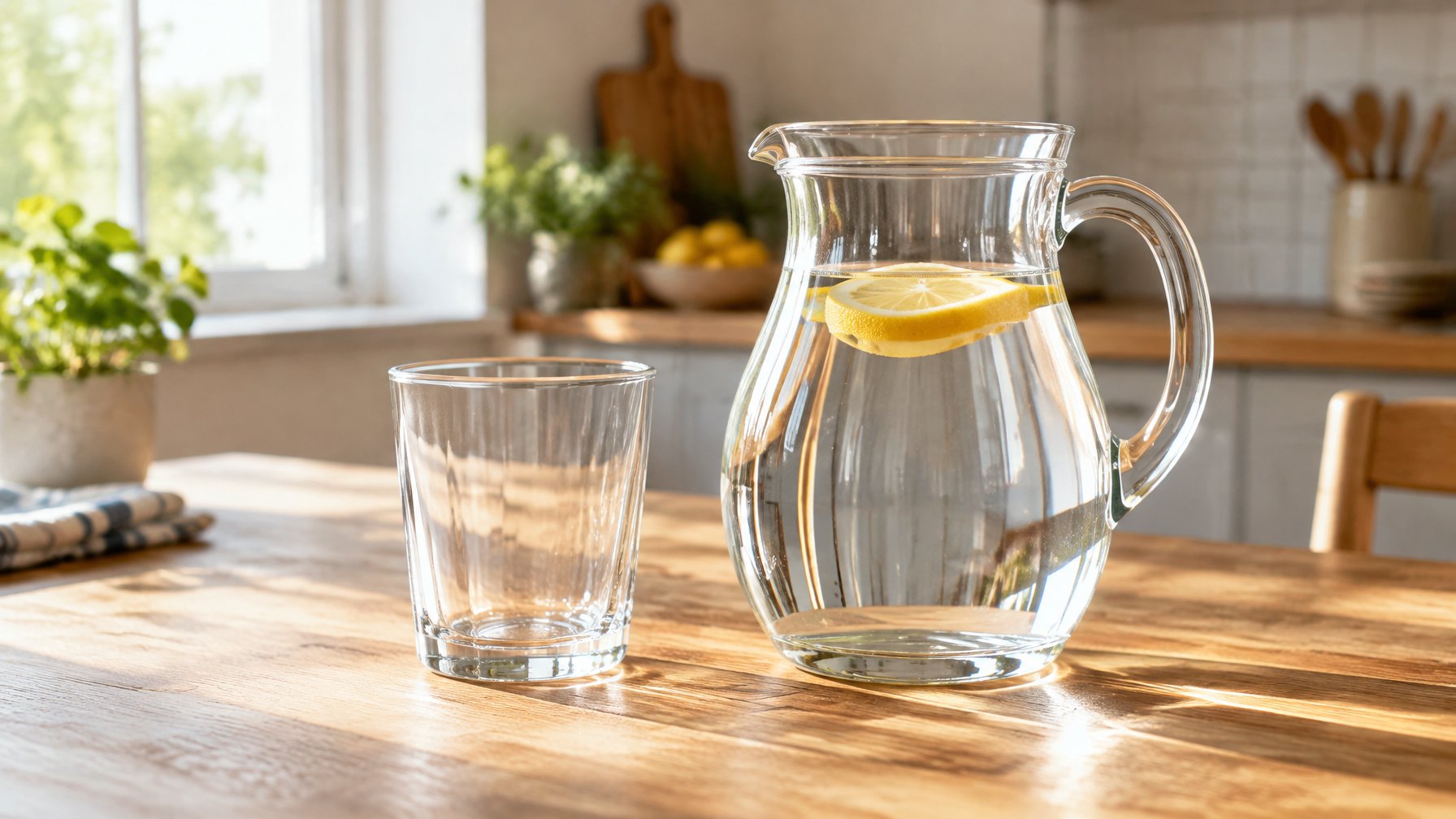 Glass jug of water with a lemon slice and a tumbler on a wooden kitchen table