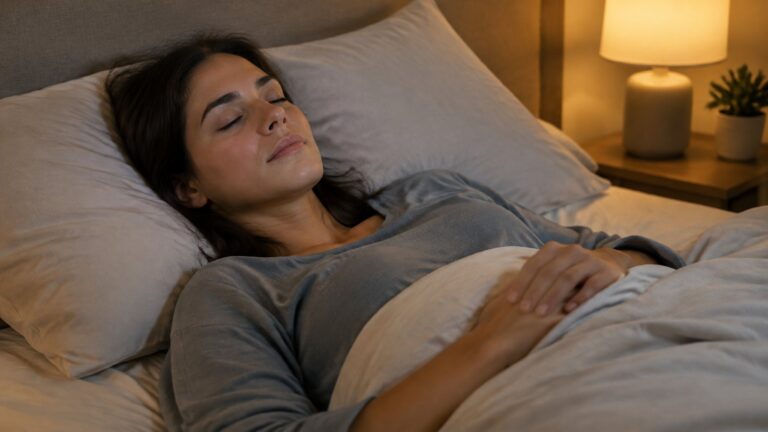 Woman lying on her back in bed with hands on her stomach, breathing calmly