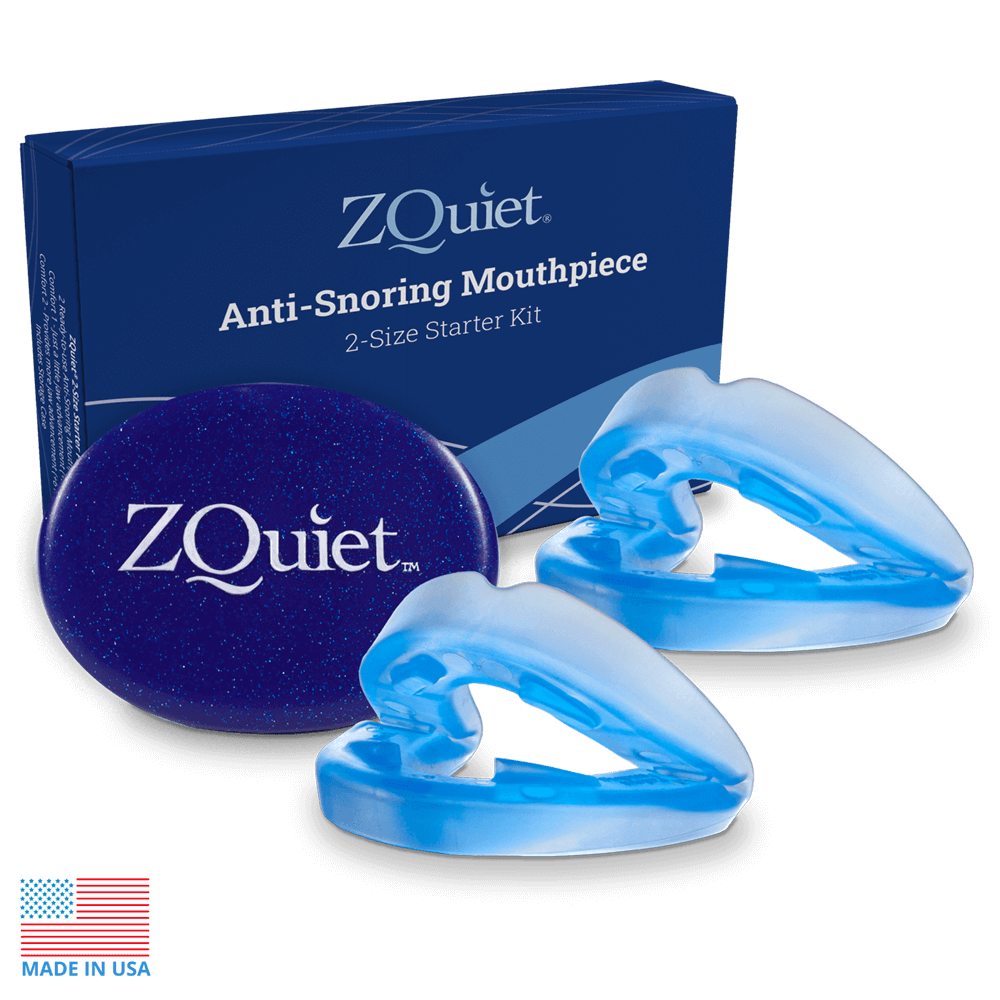ZQuiet anti-snoring mouthpiece starter kit with two sizes, case and box